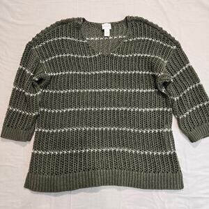 Chico's Green Open-knit Pullover Sweater Metallic Silver Stripes Sz 2 (Large)